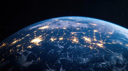 Poster - Earth at night with global communications and cityscapes concept. A stunning view of Earth showcasing city lights at night.