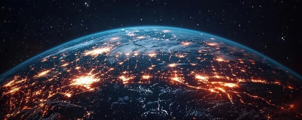 Poster - Earth at night symbolizing global business and communication concept. A mesmerizing view of Earth from space, showcasing city lights.