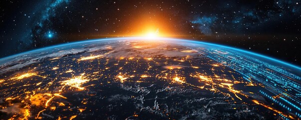 Aufkleber - Earth at night symbolizing global business and communication concept. A breathtaking sunrise over Earth, showcasing lights and beauty.