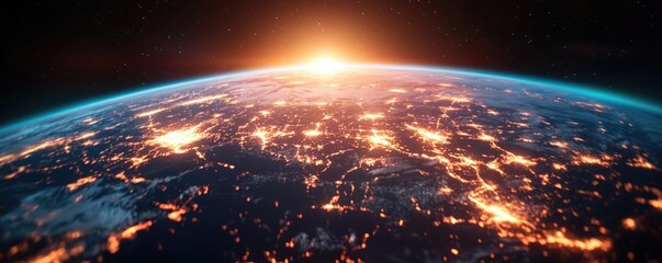 Poster - Earth at night displaying global finance and future business concept. A stunning view of Earth from space at sunrise, showcasing connections.