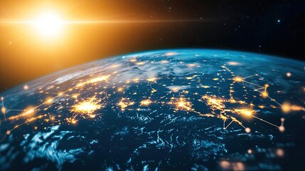 Poster - Earth at night displaying global finance and future business concept. Earth from space showcasing global connectivity and sunlight.