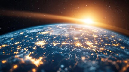 Poster - Earth at night displaying global finance and future business concept. A breathtaking view of Earth with a sunrise from space.