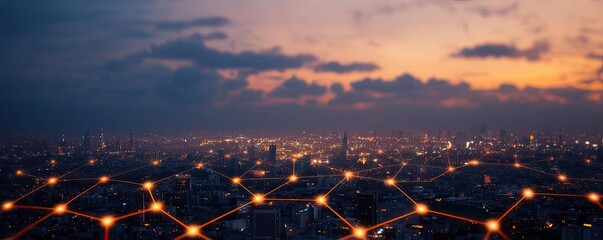Poster - Earth at night symbolizing global business and communication concept. A stunning sunset over a connected urban landscape.