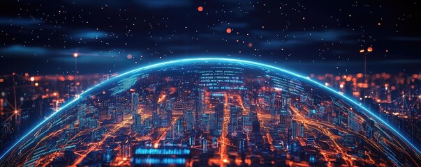 Aufkleber - Earth at night with global communications and cityscapes concept. Futuristic city skyline with digital elements and glowing lights.