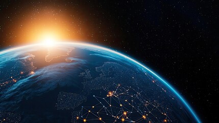 Poster - Earth at night with global communications and cityscapes concept. Sunrise view over the Earth with interconnected digital networks.