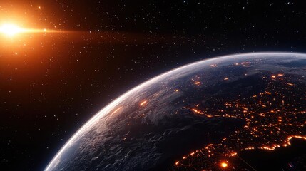 Aufkleber - Earth at night symbolizing global business and communication concept. A mesmerizing view of Earth from space during sunrise.