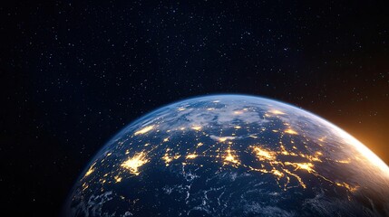 Poster - Earth at night with global communications and cityscapes concept. A stunning view of Earth from space, showcasing city lights.
