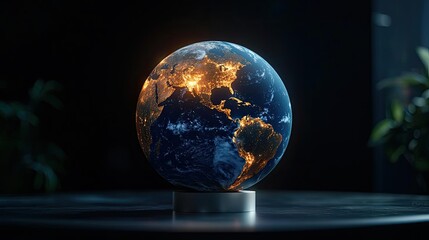 Poster - Earth at night with global communications and cityscapes concept. Illuminated globe showcasing Earth's beauty and interconnectedness.