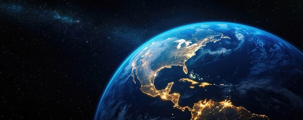 Poster - Earth at night displaying global finance and future business concept. View of Earth from space highlighting city lights at night.