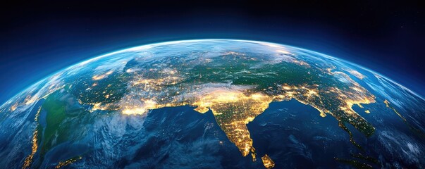 Poster - Earth at night displaying global finance and future business concept. A stunning view of Earth illuminated at night from space.