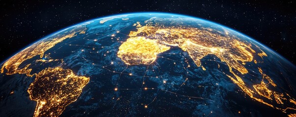 Poster - Earth at night with global communications and cityscapes concept. A stunning view of Earth illuminated at night from space.