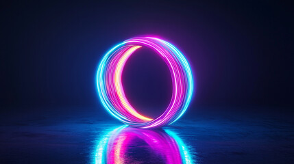 Poster - A glowing neon circle with pink yellow and blue light on a reflective surface in a dark environment