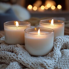 Poster - Three elegant candles lit on a soft blanket creating a warm and inviting atmosphere for relaxation