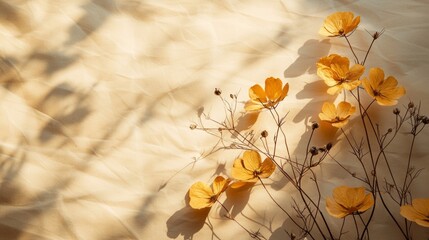 Poster - Delicate yellow flowers lay scattered on a cream-colored surface, their shadows gently dancing in the warm light, creating a serene and vibrant atmosphere that evokes a sense of peace and beauty