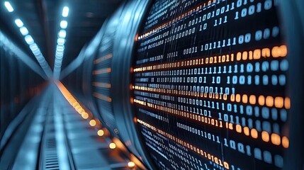 Poster - Binary code background in 3D rendering with computer technology concept. Futuristic data tunnel showcasing binary code in vibrant lights.