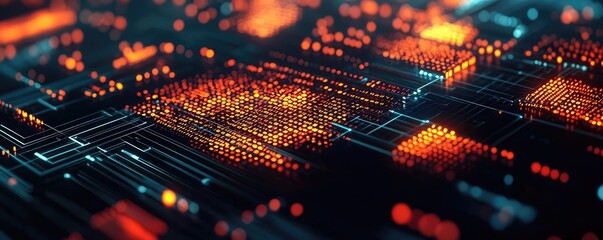 Poster - Binary code background in 3D rendering with computer technology concept. Abstract image of a futuristic circuit board with glowing elements.