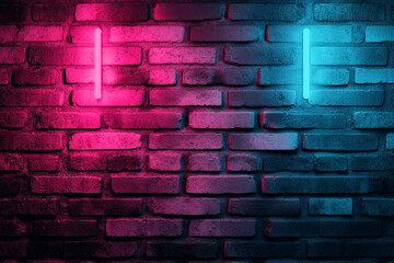 Poster - Brick wall with pink and blue neon lights creating a vibrant and modern aesthetic appeal for backgrounds