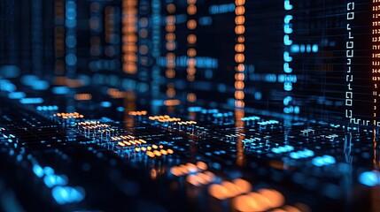 Poster - Binary code background in a computer matrix with scientific digital concept. Abstract digital data visualization with glowing blue and orange light.