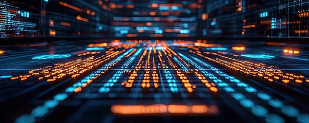 Poster - Binary code background and matrix computer technology light concept. Futuristic digital data flow in glowing blue and orange colors.