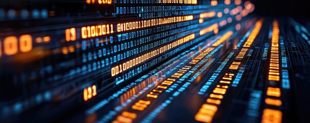 Poster - Binary code background and matrix computer technology light concept. Abstract digital data stream with glowing binary numbers.