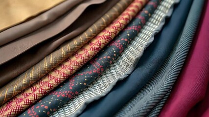 Poster - A pile of different colored fabrics, including blue, red, and brown. The blue fabric is on top of the pile