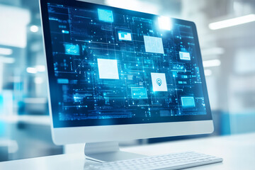 Poster - A desktop computer displaying a blue digital interface with various icons and network connections shown