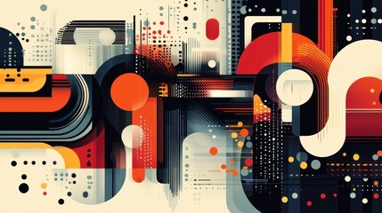 Poster - dynamic geometric interplay featuring circles squares and lines in a modern abstract composition showcasing vibrant oranges reds and muted tones
