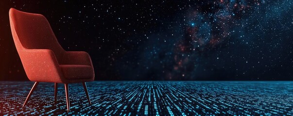 Poster - Binary code background with scientific and database matrix concept. A modern chair in an abstract digital space with starry background.