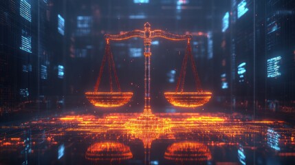 Poster - digital justice scales glowing amidst network data representing law's presence in the technological age symbolizing fairness and equity in cyberspace