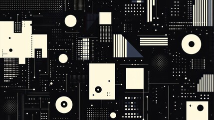 Poster - abstract geometric artwork displaying a complex interplay of shapes lines and dots in a minimalist monochrome color scheme creating a modern design