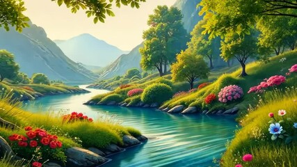 Poster - A river with a green forest on either side. The river is surrounded by rocks and has a lot of flowers growing along its banks