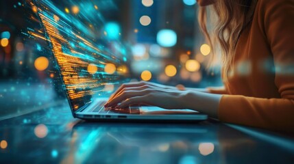  - digital nomad woman working remotely on laptop with abstract cybernetic data streams flowing futuristic tech concept modern workspace