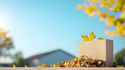 Poster - Leaf resting gracefully on a textured wall with soft natural light and copy space for textual elements