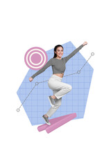 Poster - Vertical creative 3d collage photo of beautiful positive woman flying up on arrow striving for success isolated drawing background