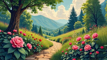 Poster - A beautiful field with a brick path lined with pink flowers. The flowers are in full bloom and the path is well-maintained. The garden is a peaceful and serene place to relax