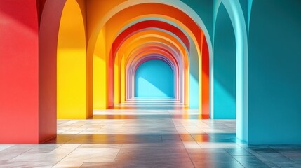 Poster - a vibrant hallway showcasing a spectrum of colors through arches and pillars creating a path with sunlight and unique perspective inside the building