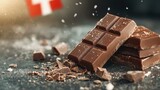 An enticing display of luscious Swiss chocolate bars, broken and scattered, glistening with sprinkles of cocoa, symbolizing indulgence and the sweet pleasure of treats.