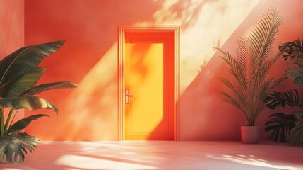 Poster - a serene indoor setting features a vibrant orange door casting playful shadows amidst lush greenery and bathed in warm sunlight ambiance