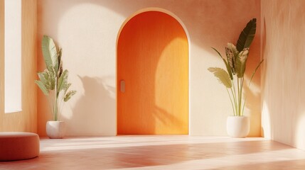 Poster - sunlit interior showcases an orange arched doorway flanked by potted tropical plants creating a modern and serene architectural composition