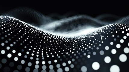 Poster - abstract futuristic wave with glowing particles creating a mesmerizing digital flow in black and white minimalist design
