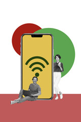Poster - collage 3d image of pinup pop retro sketch of fast wifi router connection internet device smartphone