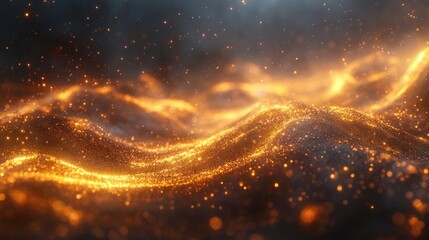 Poster - golden shimmering particles cascading across a dark landscape evoking a sense of wonder and celestial beauty in an abstract vista