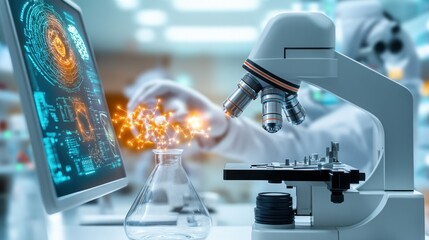 Futuristic lab scene, scientist using microscope and computer interface, experimentation in progress