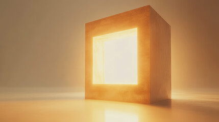 Poster - An elegant golden cube stands in a tranquil space, offering an abstract representation of light, form, and artistic minimalism.