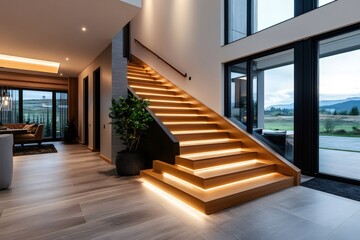 Poster - Modern open plan home interior with illuminated wooden staircase