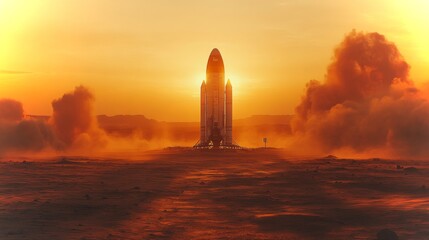 Poster - At sunset, a rocket stands ready on the launch pad, surrounded by clouds of dust, indicating imminent liftoff into the vastness of space.