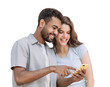 © kite_rin - Beautiful happy young couple using smartphone isolated transparent PNG, Joyful smiling woman and man looking at mobile phone. Love, travel, tourism, students lifestyle concept