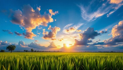 Wall Mural - Scenic sunset view of vibrant green field underneath cloudy sky
