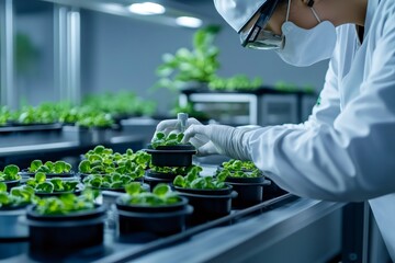 Poster - Scientist taking care of genetically modified plants in controlled environment