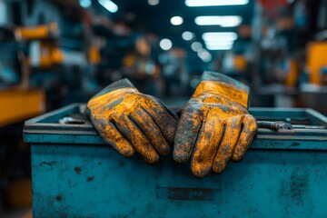 Poster - Used work gloves resting on metal toolbox in factory